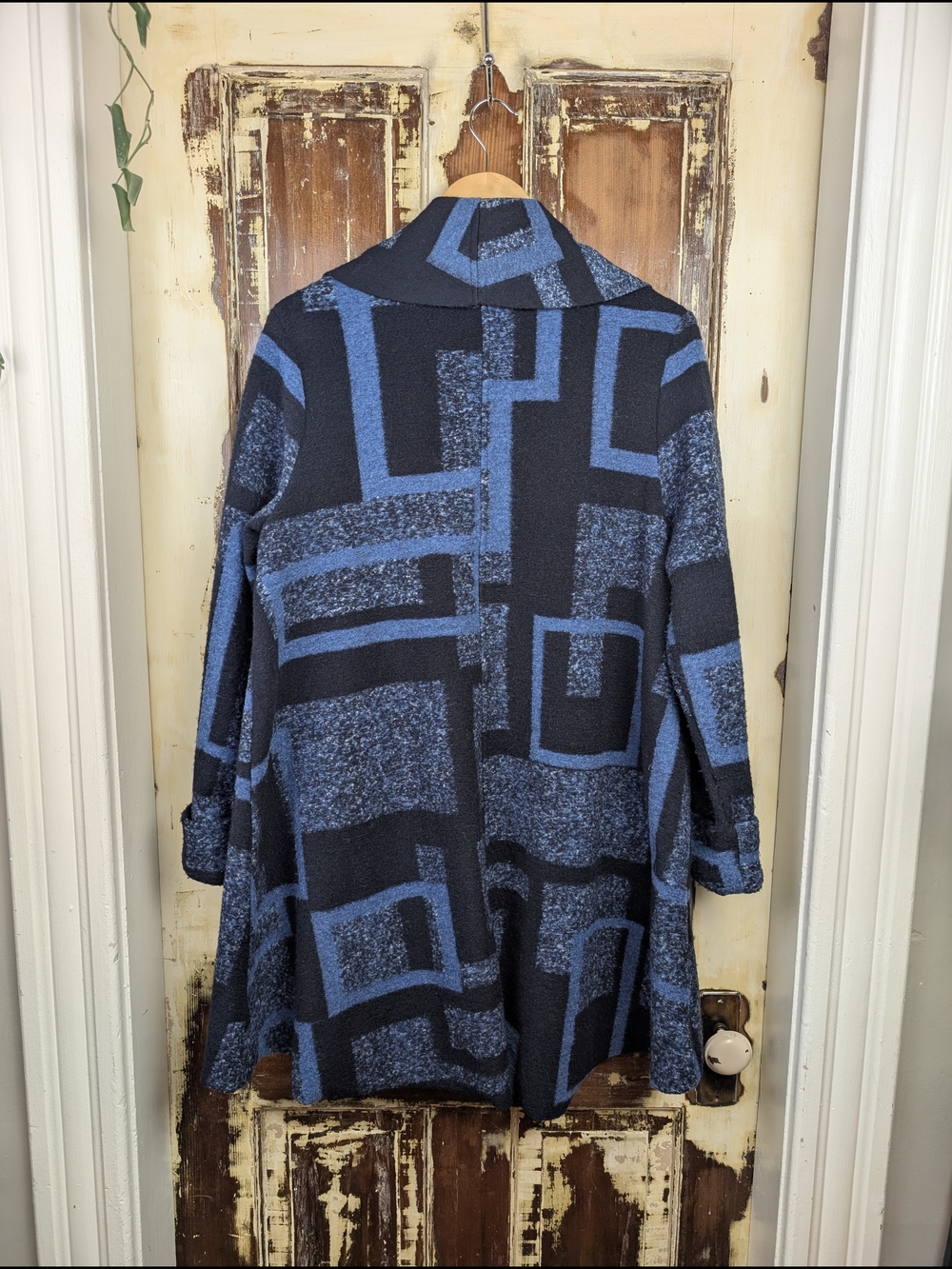 Vintage ZOE Abstract Knit Cardigan Medium Blue Made In Canada Lagenlook Artsy - Picture 4 of 9